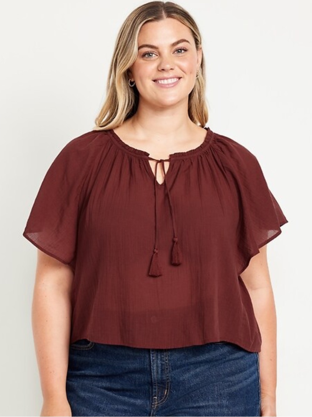 Old Navy Crinkle Gauze Tassel-Tie Shirred Top